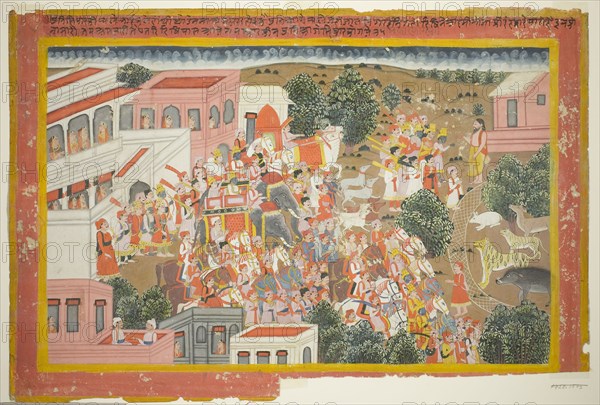 Four Princes in Procession Visit a Sage, page from a copy of the Ramayana, 1820/40, India, Rajasthan, Jaipur, Jaipur, Opaque watercolor on paper, Image: 25 x 39.3 cm (9 7/8 x 15 1/2 in.), Border: 26.4 x 41 cm (10 3/8 x 16 1/8 in.), Paper: 31 x 45.5 cm (12 1/4 x 17 7/8 in.)