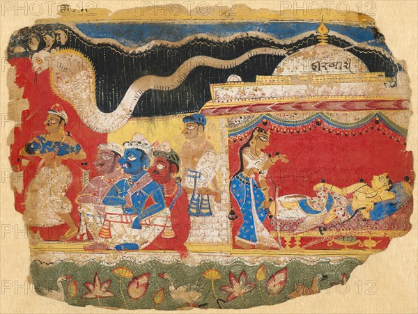 The Infant Krishna Spirited Away by Vasudev, page from the Dispersed Bhagavatapurana manuscript, c. 1520–30, India, Delhi-Agra region, possibly Mathura, India, Opaque watercolor on paper, 17.4 x 23.3 cm (6 13/16 x 9 3/16 in.)