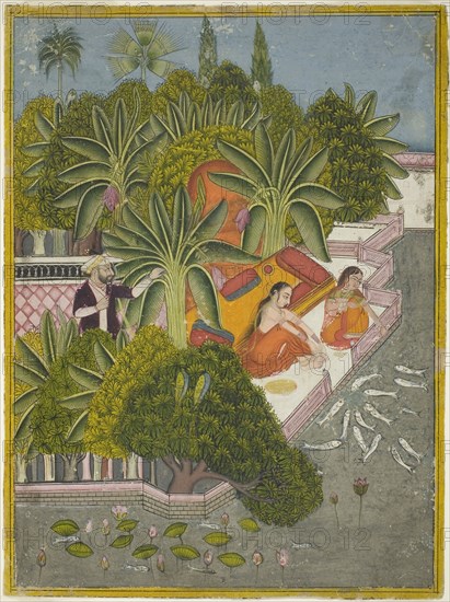 Royal Women Feeding Fish, c. 1740, India, Rajasthan, Bundi, India, Opaque watercolor on paper, Image: 28.4 x 20.9 cm , Outermost border: 28.7 x 21.3 cm , Paper: 29.5 x 22 cm