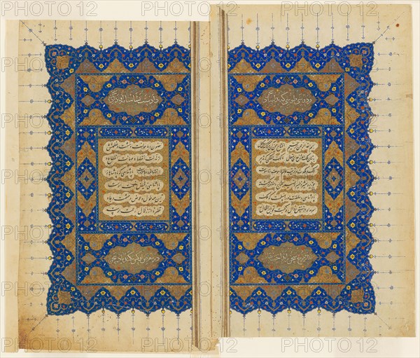 Double Title Page of a copy of the Shahnama of Firdausi, Safavid dynasty (1501–1722), 16th century, c.1550, Iran, Shiraz, Iran, Opaque watercolor and gold on paper, 28.6 x 34.7 cm (11 1/4 x 13 3/4 in.), Right Page: 29.1 x 17.8 cm (11 7/16 x  7 in.), Left Page: 28.9 x 18.4 cm (11 3/8 x 7 1/4 in.)