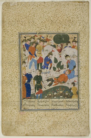Iskander Comforts the Dying Darius, 1590, Iran, Shiraz, Fars, Iran, Gouache on paper, Page: 30 x 19.5 cm (11 13/16 x 7 11/16 in.)