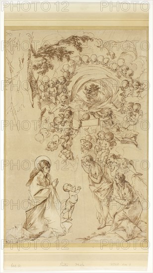 Study for ‘The Dream of Saint Joseph’, 1635/37, Pietro Testa, Italian, 1611/12-1650, Italy, Pen and brown ink, with black chalk and traces of incising, on tan laid paper, laid down on cream wove paper, 368 x 242 mm