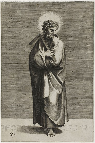 Saint Thomas, 1515/27, Marco Dente da Ravenna (Italian, about 1486–1527), after Raffaello Sanzio, called Raphael (Italian, 1483-1520), Italy, Engraving, on ivory laid paper, 212 x 142 mm (primary support), 441 x 282 mm (secondary support)