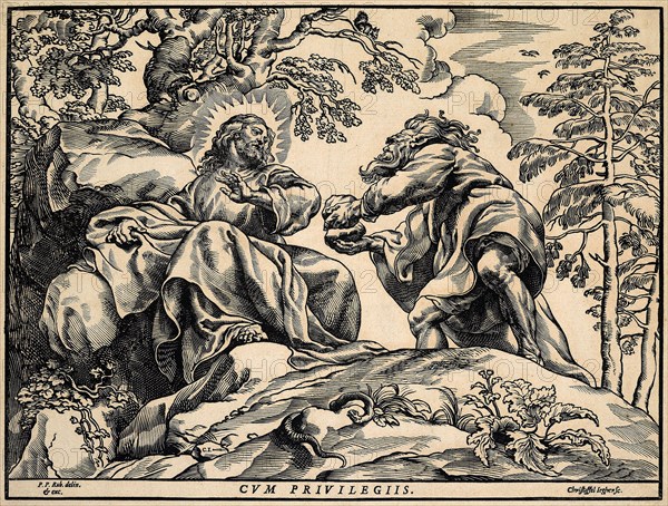 The Temptation of Christ by the Devil, 1633/35, Christoffel Jegher (Flemish, 1596-1652/53), after Peter Paul Rubens (Flemish, 1577-1640), Flanders, Woodcut in black on cream laid paper, tipped onto ivory laid paper mount prepared with ochre wash, 324 × 432 (image), 336 × 444 mm (page), 390 × 497 mm (secondary support)