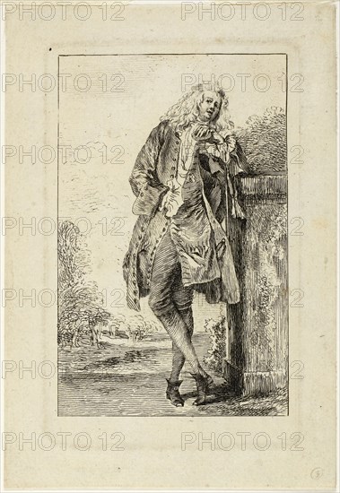 Standing Man Leaning on His Elbow, before 1710, Jean Antoine Watteau (French, 1684-1721), finished by Henri-Simon Thomassin (French, 1687-1741), France, Etching on cream laid paper, 126 × 79 mm (image), 1437 × 101 mm (sheet)