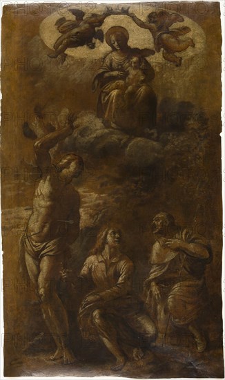 Virgin and Child in Glory with Saints Sebastian, John the Evangelist, and Roch, c. 1610, Pasquale Ottino, Italian, 1578-1630, Italy, Oil with graphite (varnished) on cream laid paper, 657 x 388 mm