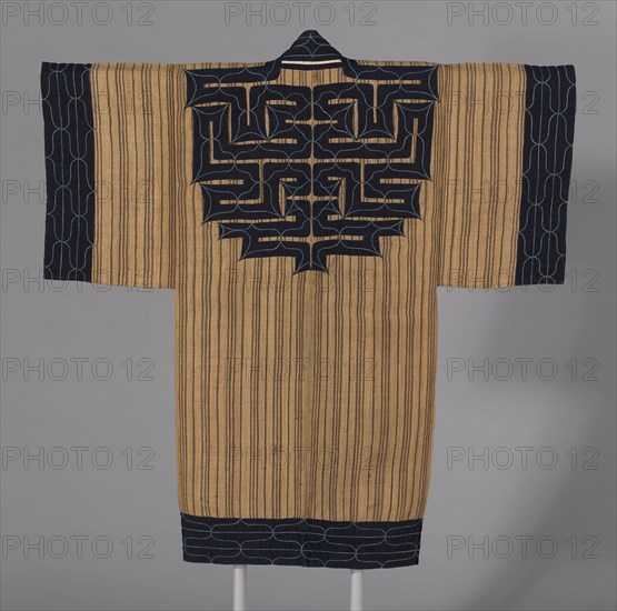 Attus Amip (Man’s Coat), late Edo period (1789–1868), c. 1860, Ainu, Japan, Hokkaido Island, Japan, Elm tree bark fiber, plain weave, center back and outer edges appliquéd with cotton, plain weave, underlaid with cotton, plain weave, embroidered with cotton in laid work and couching, 140.3 x 132.8 cm (55 1/4 x 52 1/4 in.)