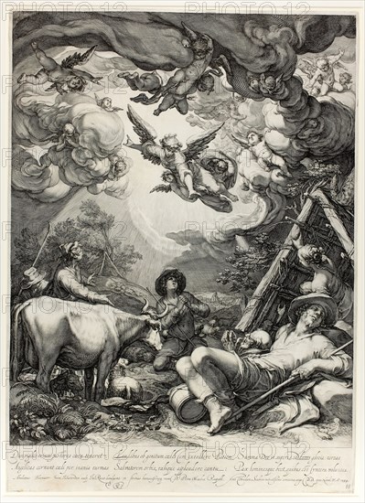 The Annunciation to the Shepherds, 1599, Jan Saenredam (Netherlandish, 1565-1607), after Abraham Bloemaert (Dutch, 1566-1651), Holland, Engraving on ivory laid paper, 559 x 403 mm