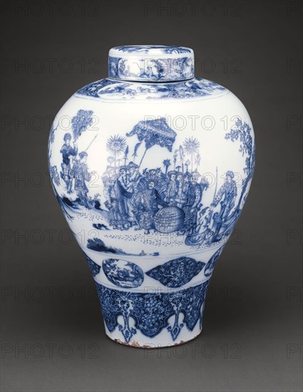 Vase with Cover, 1678/80, Attributed to De Grieksche A (The Greek A) Factory, Delft, Netherlands, 1658-1722, Delft, Tin-glazed earthenware (Delftware), H. 58 cm (23 in.)