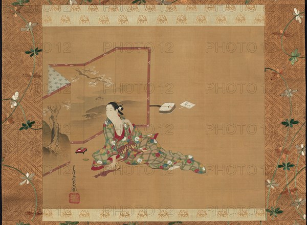 A Beauty Behind a Screen, About 1750, Miyagawa Chôshun, Japanese, 1683-1753, Japan, Hanging scroll, ink and colors on silk, 30.4 x 37.1 cm (12 x 14 5/8 in.), including mount and knobs: 127.6 x 56.2 cm (50 1/4 x 22 1/8 in.)