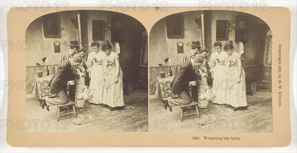 Weighing the Baby, 1892, B. W. Kilburn, American, 1827–1909, United States, Albumen silver print, stereo, 7.7 x 7.6 cm (each image), 8.8 x 17.7 cm (card)