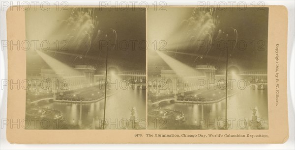The Illumination, Chicago Day, World’s Columbian Exposition, 1893, B. W. Kilburn, American, 1827–1909, United States, Albumen silver print, stereo, 7.8 x 7.6 cm (each image), 8.8 x 17.8 cm (card)