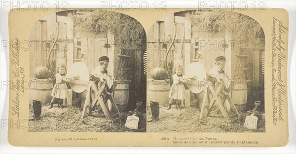 He don’t like his Pants, 1891, Underwood & Underwood, American, active 1881–1920, United States, Albumen silver print, stereo, 7.8 x 7.4 cm (each image), 8.8 x 17.8 cm (card)