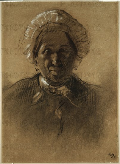Old Woman, 1882, Henri de Toulouse-Lautrec, French, 1864-1901, France, Charcoal, with black chalk, stumping, and erasing, heightened with white chalk, on brown laid paper with blue fibers, 508 × 366 mm