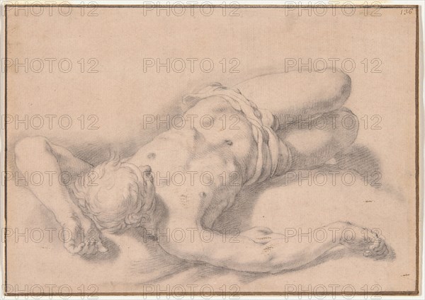 Study of a Nude Man, 1645–51, Abraham Bloemaert, Dutch, 1566-1651, Holland, Black chalk on buff laid paper, 136 x 194 mm
