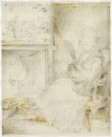 Woman Seated Holding a Cat on Her Knees, n.d., Gabriel Jacques de Saint-Aubin (French, 1724-1780), with thumbnail sketch after Noël Coypel (French 1628-1707), France, Black chalk and graphite, with pen and black ink, brush and brown wash and touches of grey wash, on grayish-ivory laid paper, 184 × 150 mm