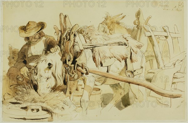 A Farmer Feeding his Pony in Geneva (recto), Seated Friar (verso), 1840 (recto), c. 1840 (verso), Sir Edwin Henry Landseer, English, 1802-1873, England, Pen and brown ink and watercolor with graphite (recto) and graphite (verso) on tan wove paper, edge-mounted to cream wove paper, 167 × 251 mm
