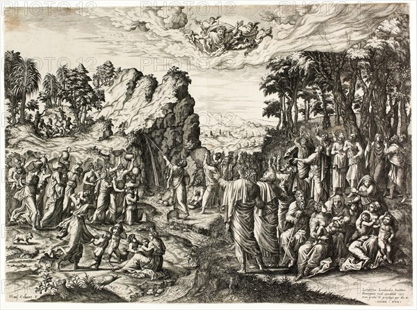 Moses Striking the Rock, 1555, Jan Collaert, I, (Flemish, c. 1530-1581), after Lambert Lombard (Flemish, 1506-1566), Flanders, Engraving on ivory laid paper, 366 × 493 mm