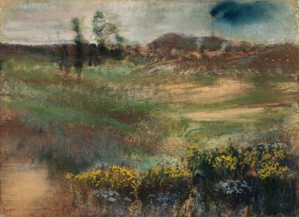 Landscape with Smokestacks, c. 1890, Edgar Degas, French, 1834-1917, France, Pastel, over monotype, on textured cream wove paper, edge-mounted on board, 317 × 416 mm