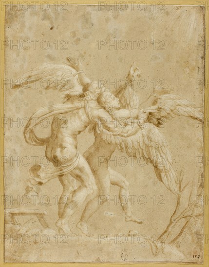 Daedalus and Icarus, early 1530s, Giulio Pippi, called Giulio Romano, Italian, c. 1499-1546, Italy, Pen and brown ink with brush and brown wash, heightened with lead white, over incising, on cream laid paper, laid down on ivory laid paper, 343 x 264 mm