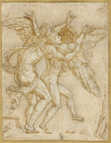Daedalus and Icarus, n.d., Giulio Pippi, called Giulio Romano, Italian, c. 1499-1546, Italy, Pen and brown ink with brush and brown wash, heightened with touches of lead white, over traces of black chalk, on ivory laid paper, with stray graphite marks, cut out and laid down on cream laid paper, laid down on tan laid card, 269 x 209 mm