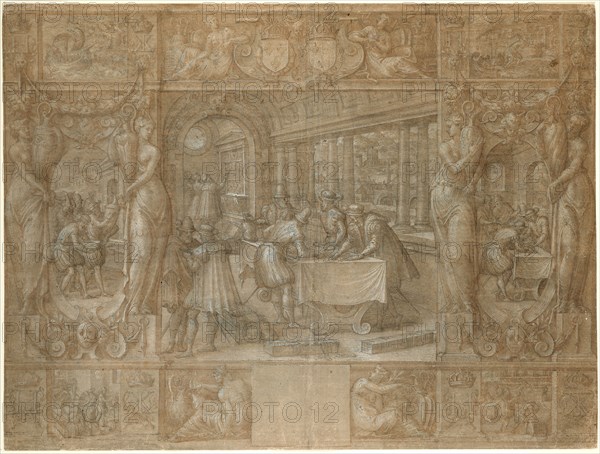 Marriage of Henry II and Catherine de’ Medici, The Dowry, c. 1562, Antoine Caron, French, c. 1515-1593, France, Pen and brown ink, with brush and brown wash, heightened with lead-white gouache, on tan laid paper, laid down on cream wove paper, 410 × 543 mm