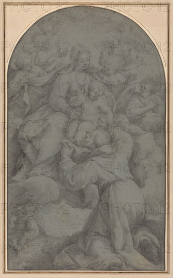 Saint Francis of Assisi Adoring the Virgin and Child, 1607, Denys Calvaert, Flemish, c. 1540-1619, Flanders, Black chalk on blue laid paper, 521 × 312 mm
