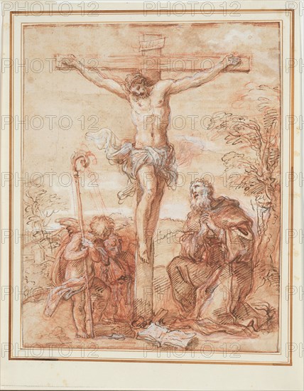Saint Augustine and Two Angels Adoring the Crucifix, 1685/1695, Giuseppe Passeri, Italian, 1654-1714, Italy, Pen and brown ink, heightened with lead white, over red chalk on cream laid paper, laid down on cream laid paper, 327 x 256 mm (primary support), 385 x 299 mm (secondary support)