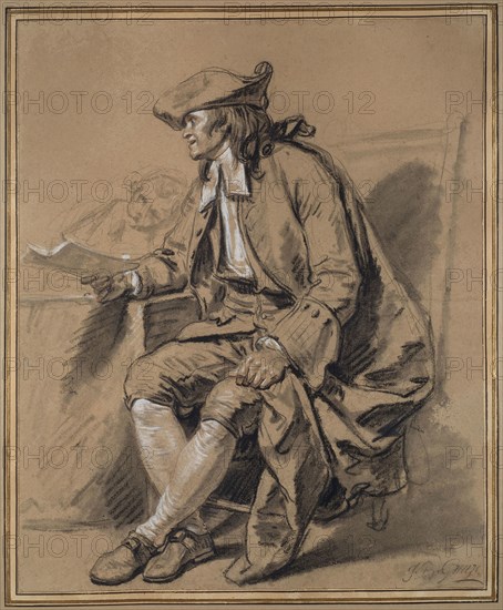 The Notary: A Study for The Marriage Contract, 1761, Jean-Baptiste Greuze, French, 1725-1805, France, Black chalk with stumping, with red chalk, heightened with white chalk, on tan laid paper, laid down on card, 526 × 435 mm