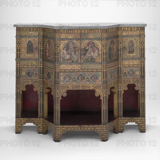 Sideboard and Wine Cabinet, 1859, Designed by William Burges, English, 1827–1881, Painted by Nathaniel Hubert John Westlake, English, 1833–1921, Made by Harland & Fisher, London, England, London, Pine and mahogany, painted and gilded, iron straps, and metal mounts, 126.5 × 157 × 58 cm (49 3/4 × 61 3/4 × 22 3/4 in.)
