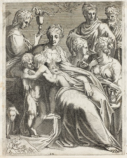 The Holy Family with Saints, 1540/55, Léon Davent (French, active 1540-1560), after Parmigianino (Italian, 1503-1540), France, Etching in black with engraving on ivory laid paper, tipped onto cream wove paper, 241 × 194 mm (image), 254 × 215 mm (sheet)