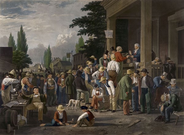 County Election, 1854, John Sartain (English, 1808-1897), after George Caleb Bingham (American, 1811-1879), England, Engraving hand-colored with watercolor on cream chine laid down on cream wove plate paper, 556 × 762 mm (image), 708 × 938 mm (sheet)