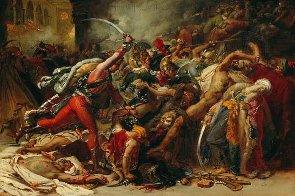 Sketch for The Revolt of Cairo, About 1810, Anne-Louis Girodet de Roussy-Trioson, French, 1767-1824, France, Oil and ink on paper, laid down on canvas, 12 1/8 × 17 3/4 in. (30.8 × 45.1 cm)
