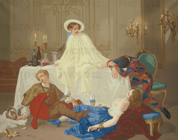 The Supper after the Masked Ball, c. 1855, Thomas Couture (French, 1815-1879), printed and manufactured by Jules Desfossé (French, 1816-1889), France, Woodcut with painted and stenciled additions on tan wove paper, laid down on fabric, and stretched on a wooden stretcher, 1760 × 2450 mm (image), 1767.5 × 2358.5 mm (sheet, sight)