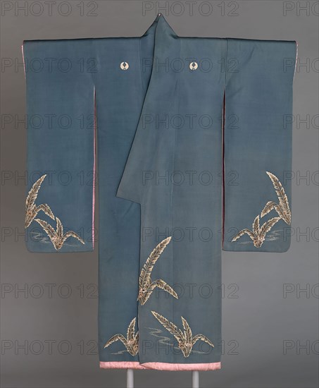 Furisode, Meiji period (1868–1912), c. 1890, Japan, Silk, plain weave (shioze), resist dyed (tsutsugaki and hikizome) and painted with pigment and silver, embroidered with silk and gold-leaf-over-lacquered-, 169 x 127.5 cm (66 x 50 1/4 in.)