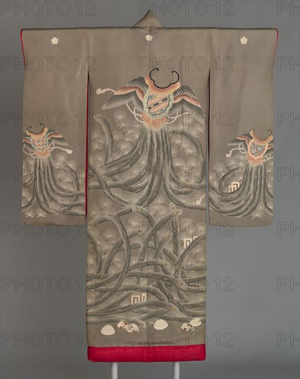 Uchikake, Meiji period (1868–1912), c. 1880, Japan, Silk, predominant-warp, weft-ribbed plain weave, resist dyed and painted with dye and India ink, embroidered with silk, gold-leaf-over-lacquered-paper strips and gold-leaf-over-lacquered-paper-strip-wrapped silk in satin, silk-padded satin and straight stitches, laidwork, couching and Chinese knots, lining: 5:1 twill damask weave, 178.6 x 128.3 cm (70 1/4 x 50 1/2 in.)