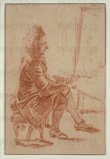A Bewigged Painter (Possibly Claude Audran), Seated at his Easel, Seen in Profile, c. 1709, Jean Antoine Watteau, French, 1684-1721, France, Red chalk on buff laid paper, laid down on cream laid card, 201 × 134 mm
