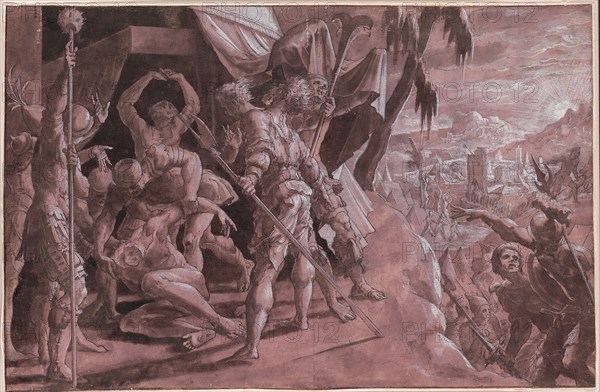 Soldiers Discovering the Body of Holofernes, c. 1550, Master of the Liechtenstein Adoration, Netherlandish, active c. 1530-1560, Germany, Pen and black ink and brush and black wash, over lilac wash, heightened with white gouache, on cream laid paper, laid down on cream laid paper, 182 x 280 mm