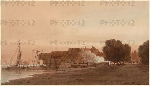 A Boatyard at the Mouth of an Estuary, 1800, Thomas Girtin, English, 1775-1802, England, Watercolor, over graphite, on cream laid paper, edge mounted on cream card, 296 × 515 mm