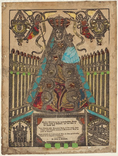The Adoration of the Einsiedeln Madonna, n.d., German or Swiss, 18th century, Germany, Woodcut in black hand colored with elements of fabric, copper alloy metal foil, and block printed distemper colorants on paper, attached to the verso and visible through cutouts, on ivory laid paper (discolored to buff), laid down on blue wove paper (discolored to tan), 354 × 258 mm (image), 387 × 295 mm (sheet)