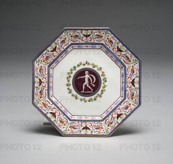 Plate from the Arabesque Service, 1785, Sèvres Porcelain Manufactory, French, founded 1740, Jacques Fontaine (painted by) (French, 1734/35-1807, active 1752-1800), Louis-Francois L’Ecot (gilded by) (French, active 1761-1764 and 1772-1800), France, Soft-paste porcelain, polychrome enamels, and gilding, Diam. 25.7 cm (10 1/8 in.)