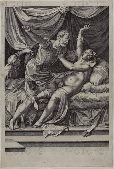 Tarquin and Lucretia, c. 1571, Cornelis Cort (Netherlandish, 1533/36-1578), after Titian (Italian, c. 1488-1576), Netherlands, Engraving on ivory laid paper, 420 x 288 mm (plate), 424 x 291 mm (sheet)