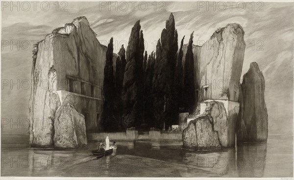 The Isle of the Dead, 1890, Max Klinger (German, 1857-1920), after Arnold  Böcklin (Swiss, 1827-1901), Germany, Etching and aquatint in black ink on ivory wove paper, laid down on ivory wove plate paper (chine collé), 418 x 694 mm (image), 613 x 774 mm (plate), 676 x 874 mm (sheet)