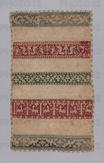 Towel, 16th century, Italy, Five bands of linen, plain weave, pulled thread work with silk in Italian cross stitches and embroidered with silk in back stitches, alternating with four bands of linen, knotted square netting, embroidered with linen in darning stitches, edged with silk and linen, plain weave with extended ground weft fringe, 108.2 x 63.8 cm (42 5/8 x 25 1/8 in.)