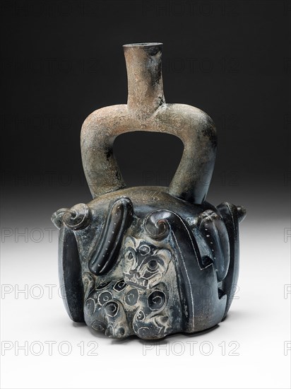 Stirrup-Spout Vessel with Feline and Cactus, 900/200 B.C., Chavín, North coast, Peru, North Coast, Ceramic, Appro×. 26.7 × 17.8 cm (10 1/2 × 7 in.)