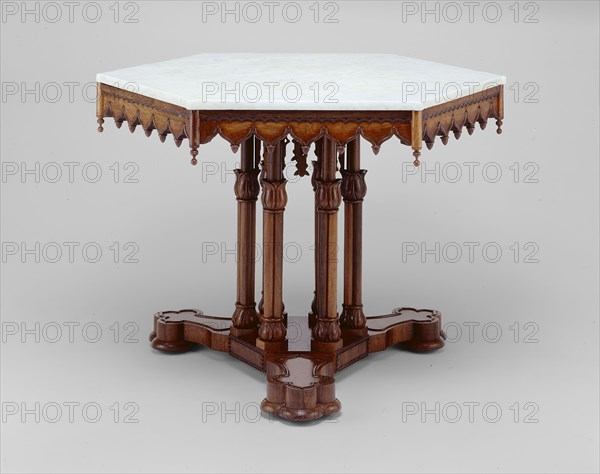 Belmead Center table, c. 1846, Alexander Jackson Davis, American, 1803–1892, Probably made by Alexander Roux, American, born France, c.1813–1886, New York City, Rosewood, oak, walnut, marble, 72.4 × 104.1 × 90.2 cm (28 1/2 × 41 × 35 1/2 in.)