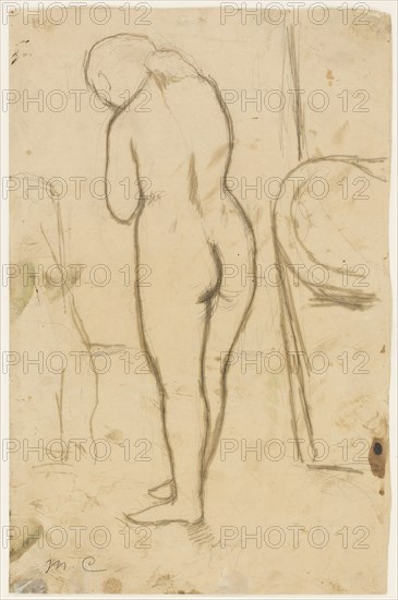 Drawing for Standing Nude, c. 1879, Mary Cassatt, American, 1844-1926, United States, Graphite on buff wove paper, traced over for soft-ground etching with offset of soft-ground on verso, showing through, 282 x 183 mm