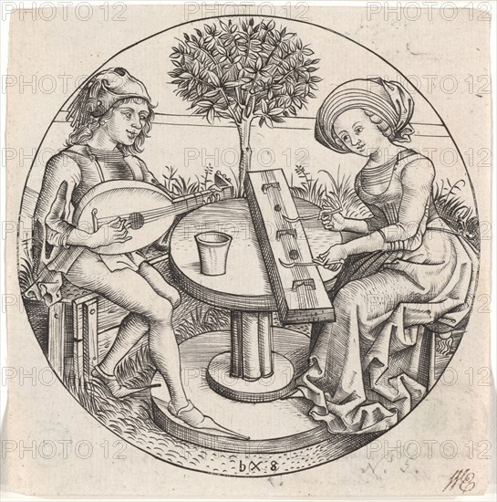The Music Making Couple, 1470/80, Master bxg, German, active ca. 1470–90, Germany, Round engraving on ivory laid paper, 89 mm (plate), 95 x 92 mm (sheet)
