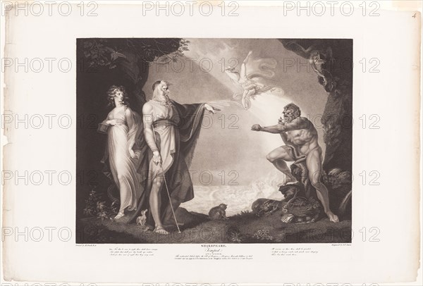 Prospero, Miranda, Caliban and Ariel, 1797, Jean Pierre Simon (British, born before 1750-c. 1810), after Henry Fuseli (Swiss, active in England, 1741-1825), published by John Boydell (English, 1719-1804), England, Engraving on ivory wove paper, 496 × 631 mm (plate), 592 × 883 mm (sheet)