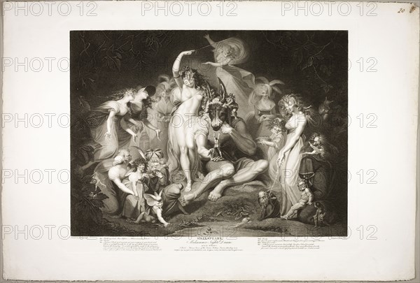 Titania and Bottom with the Ass’s Head, 1796, Jean Pierre Simon (British, born before 1750-c. 1810), after Henry Fuseli (Swiss, active in England, 1741-1825), published by John Boydell (English, 1719-1804), authored by William Shakespeare (English, 1564-1616), England, Engraving on ivory wove paper, 497 × 631 mm (plate), 593 × 891 mm (sheet)